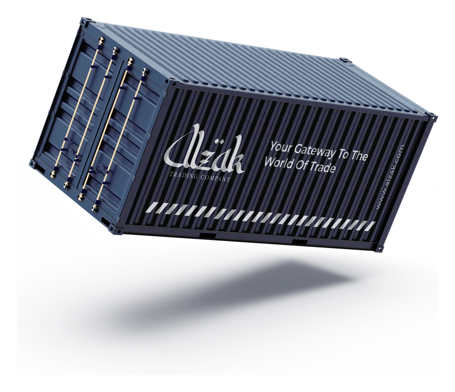 Shipping container with the Alzak Trading Company logo